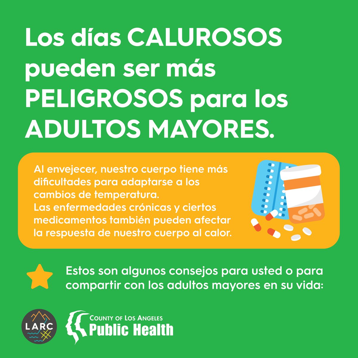 The_LARC's tweet photo. Los adultos mayores corren un mayor riesgo de sufrir el calor extremo. Estos son algunos consejos para mantenerse a sí mismo y a los adultos mayores en su vida frescos y saludables cuando hace calor. #HeatSafeLA #StayCoolLA https://t.co/4xwV2xtEKd