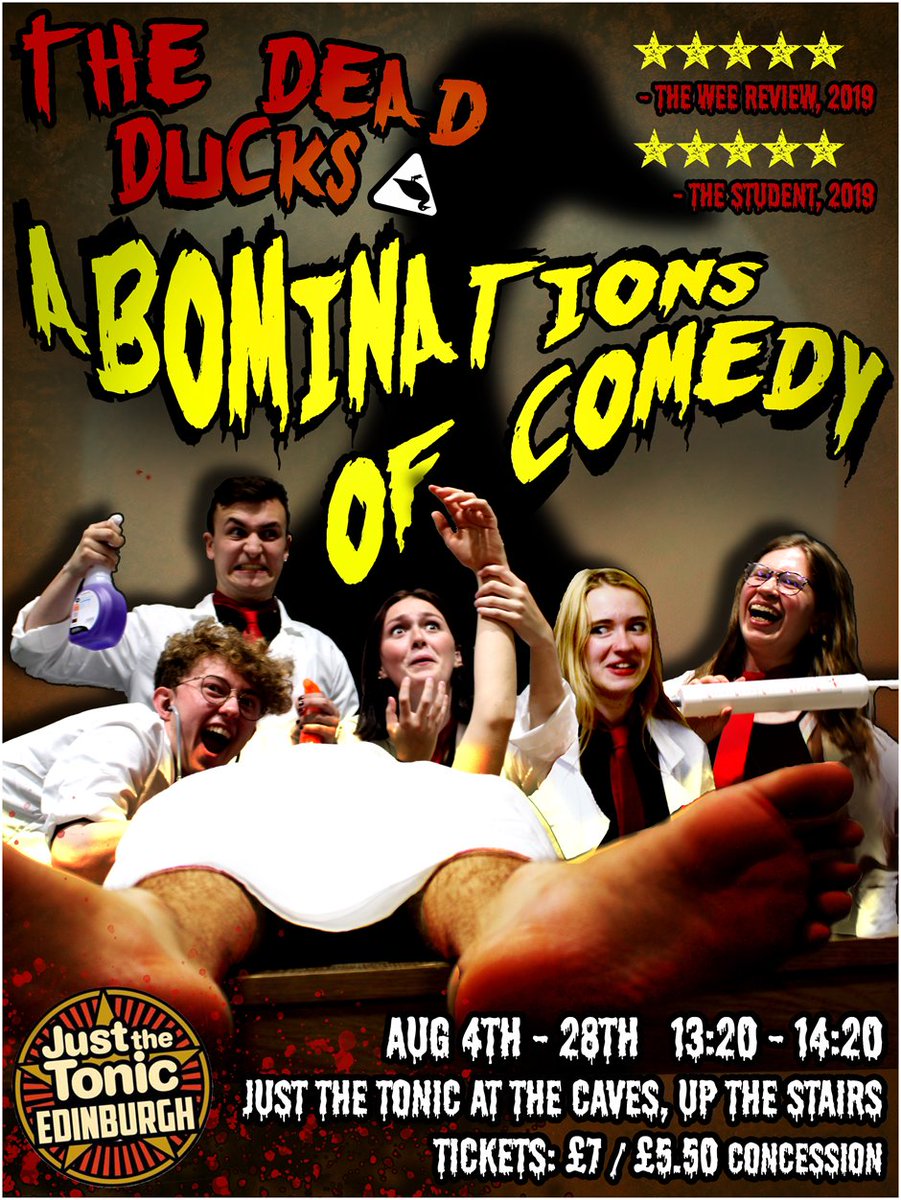 The Dead Ducks: Abominations of Comedy! 💀🦆
Five fiendish doctors of mad science have the perfect funny formula! But a terrible gas leak has emerged in the lab and you’re all in danger of awfully silly sketch hallucinations! Can you make it out alive?🤔 #TweetTheMedia #EdFringe