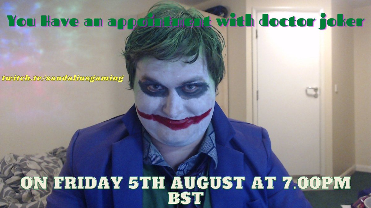 SandaliusGaming's tweet photo. Do you know what day it is it is the day of your appointment to see doctor joker at 7pm bst on https://t.co/5IkBomwsOm can't wait to see you all there in my Joker outfit playing the mortuary assistant 😜#themortuaryassistant #twitch #twitchstreamer #Joker #cosplay #gamer #horror https://t.co/tmw3sVF0t9