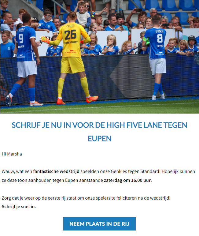 Iedere kleine voetbalfan droomt van een ontmoeting met zijn of haar favoriete speler. Hoe leuk is het dat <a href="/KRCGenkofficial/">KRC Genk</a> een  High Five Lane heeft om de spelers na de wedstrijd als eerste te feliciteren. Deze unieke ervaring zorgt ongetwijfeld voor nieuwe fans voor het leven!