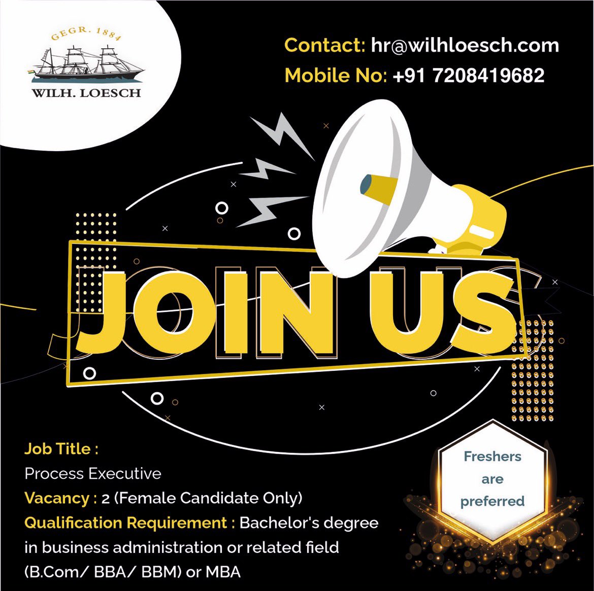 #Immediate #Hiring #HiringAlert #Careers 
#Freshers #India #Ahmedabad #FreightForwarding #ProjectCargo #IndianMNC #ApplyNow #WilhLoesch #JobAlert #JobOpenings #ProcessExecutive #GirlsOnlyOffice #WomenEmpowerment