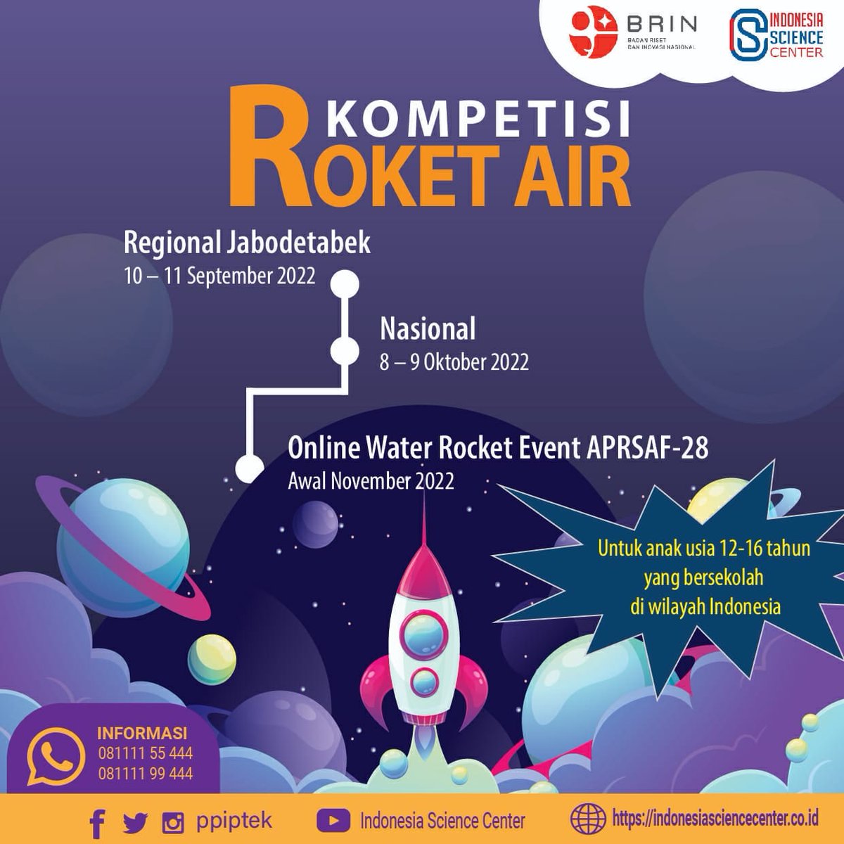 KOMPETISI ROKET AIR akan kembali DISELENGGARAKAN tahun ini nih. Siapa yang sudah tidak sabar ikutan Kompetisi Roket Air? 🙋🚀🤗

Bagi kamu yang berusia 12-16 tahun jangan lupa ikutan yaa 😉

#KompetisiRoketAir #RoketAir #KRAR2022 #WaterRocketEventAPRSAF28
#KompetisiSain #ISC