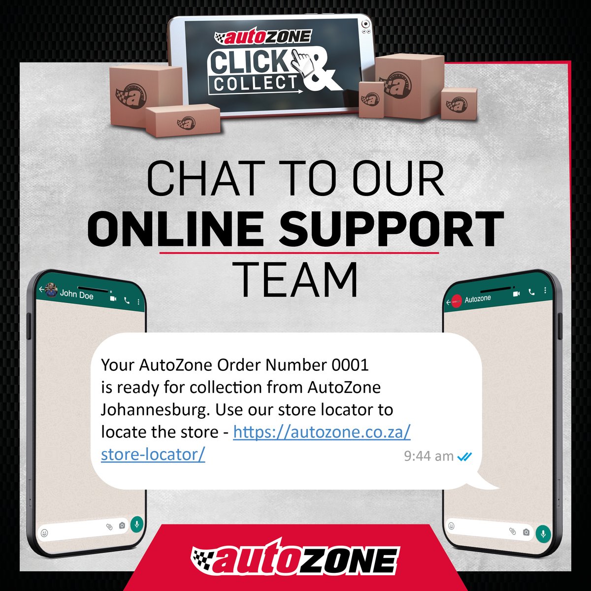 Did you know AutoZone have a dedicated team of online support staff who are eager and waiting to assist you with any query you may have regarding auto parts?

Chat to a member of our online support team today - 086 11 22 111.