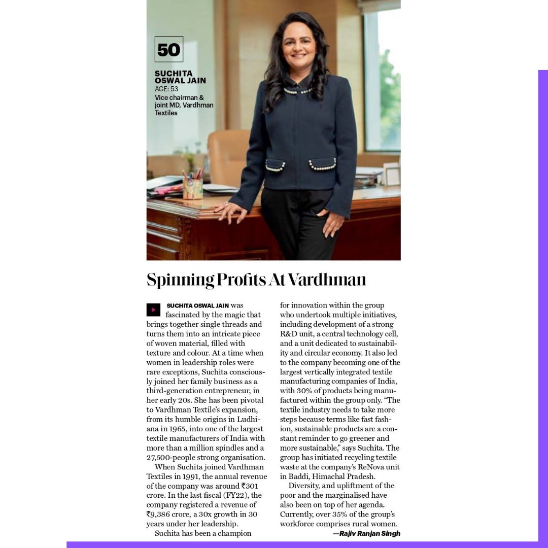 suchioswal's tweet photo. Honoured to be featured in #FortuneIndia​’s prestigious list of the 50 #MostPowerfulWomeninBusiness2022. The list celebrates #womenleaders making an impact in business. It has been immensely enriching &amp; deeply satisfying to be a part of #Vardhman legacy, &amp; be a #FortunePowerWoman https://t.co/lKQiTmnRse