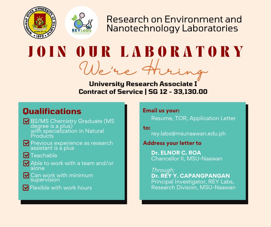 reylaboratories's tweet photo. Come work with us! Our laboratory is hiring one (1) University Research Associate 

Just send in your: Resume, TOR, and Application Letter
to rey.labs@msunaawan.edu.ph

#REYLabs #Research #AcadTwitter #ChemTwitter https://t.co/IKyxiwRHN8