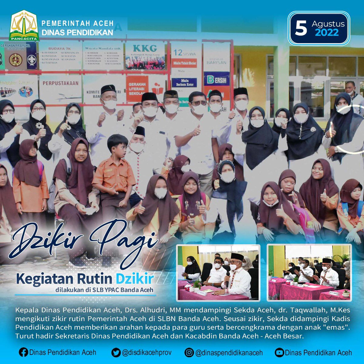 disdikacehprov's tweet photo. Zikir Rutin Pemerintah Aceh di SLBN Banda Aceh 05 Agustus 2022
#pemerintahaceh #humasaceh #setdaaceh #dinaspendidikanaceh #cabangdinaspendidikan #zikir https://t.co/euP2eF1EMf