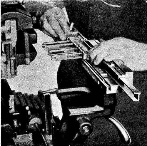 mtprinting's tweet image. Intertype stick attachment. A hinged first elevator head allows placement of the hand-set matrices. More on Metal Type: metaltype.co.uk/wpress/interty… #intertype #linecaster #linotype #letterpress
