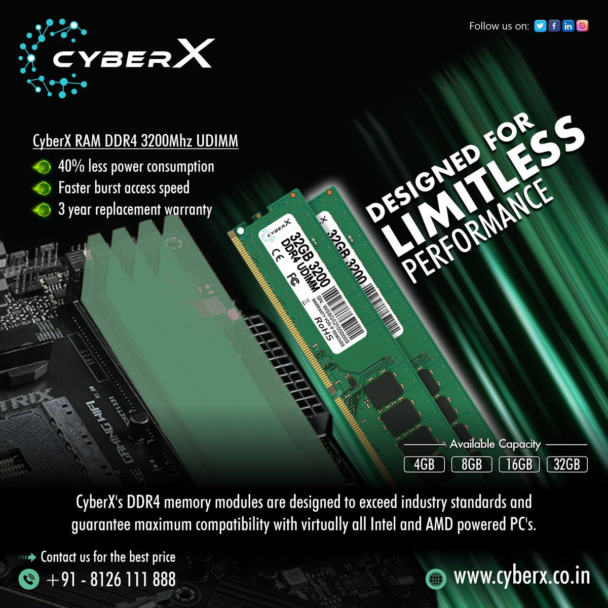 CyberXram's tweet photo. 𝘊𝘺𝘣𝘦𝘳𝘟 #Ram 𝘋𝘋𝘙4 3200𝘔𝘩𝘻 #UDIMM
👉𝐴𝑣𝑎𝑖𝑙𝑎𝑏𝑙𝑒 𝐶𝑎𝑝𝑎𝑐𝑖𝑡𝑖𝑒𝑠:4𝘎𝘉 | 8𝘎𝘉 | 16𝘎𝘉 | 32GB👉𝑊𝑎𝑟𝑟𝑎𝑛𝑡𝑦: 3 𝑌𝑒𝑎𝑟𝑠
📞+91 8800228611  
💻https://t.co/nPQPogmFJD
 #RAM #cyberxram #RAM16GB #Amazon #laptop #desktop #buyramonline #Amazon #manufacturing https://t.co/0LLr8RIeLw