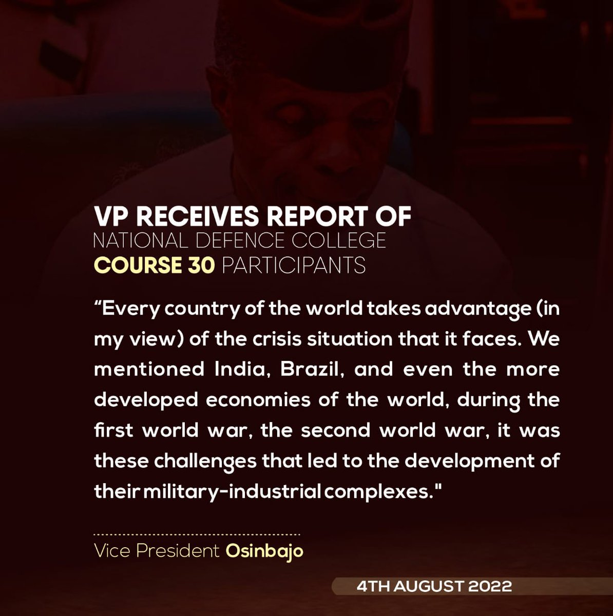 Hot_already's tweet photo. One of the most critical areas is the question of local production of military hardware and i think it is a low hanging fruit when it comes to manufacturing some of the hardware we use. - Professor Yemi Osinbajo https://t.co/HauVejweD3