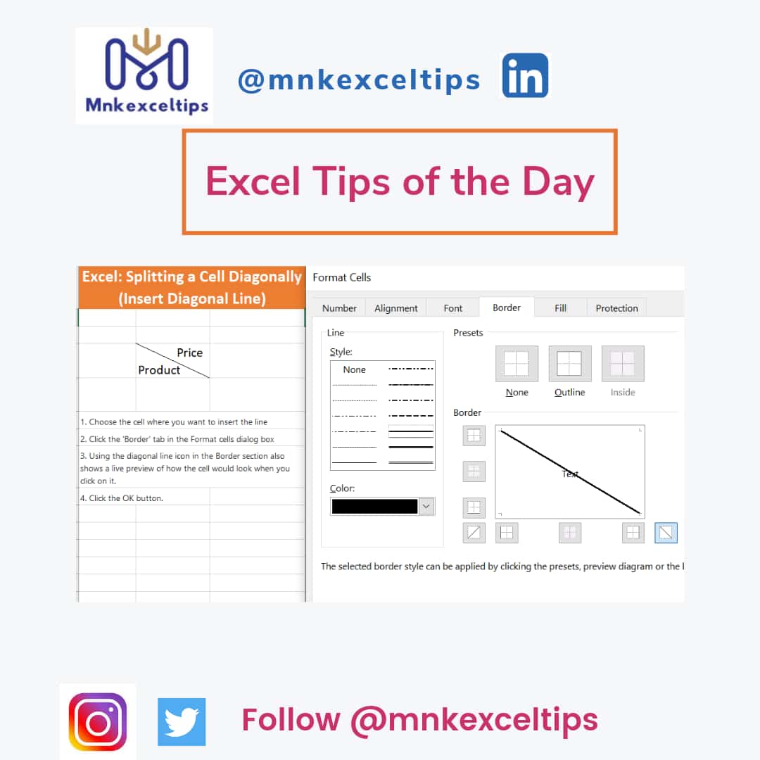 Mnkexceltips's tweet image. Splitting a Cell Diagonally (Insert Diagonal Line)
1.Choose the cell where you want to insert the line
2.Click the &apos;Border&apos; tab in the Format cells dialog box
3.Using the diagonal line icon in the Border section
4.Click the OK button.

#Excel