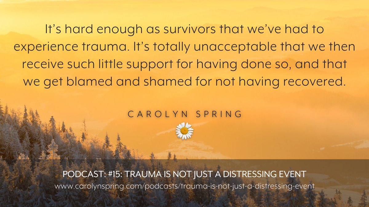Trauma is hard to bear let alone recover from. One of our biggest challenges is that it is misrepresented as a distressing event that we should 'get over'. But #trauma is an unconscious shift in our neurobiology. Listen to find out more carolynspring.com/podcast/trauma…

#therapistsconnect