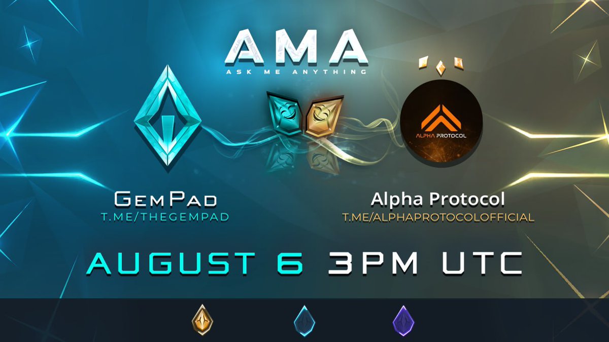 💎 AMA ANNOUNCEMENT ALPHA PROTOCOL 💎

🎁 AMA Giveaway: 🎁
1x50 BUSD for 1 random listener
1x50 BUSD for best question

📱Check them out at: 

t.me/AlphaProtocolO…

#Giveaway  #BSC  #DeFi <a href="/TheGemPad/">𝗚𝗲𝗺𝗣𝗮𝗱</a>