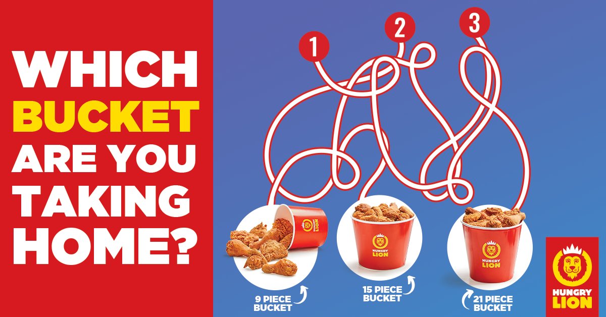 HungryLionSA's tweet image. #FreebieFriday! Which BUCKET are you taking home today?  Will it be our 9, 15 or 21 Piece Bucket? 🫣

Find the route using #HungryLikeALion and stand a chance to WIN.