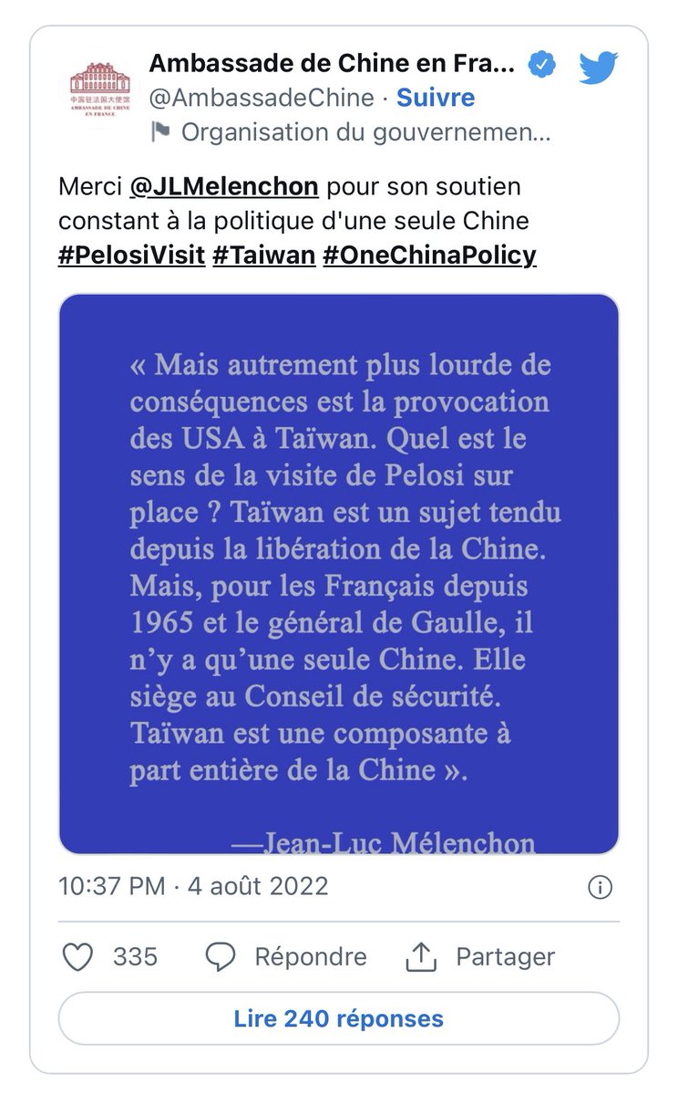 ✅ Nier l'invasion du Tibet
✅ Soutenir Chavez et Maduro 
✅ Dire que Poutine règle le pb en Syrie
✅ Désigner l'Otan comme l'agresseur de la Russie
✅ Nier l'existence de Taiwan... 

C'était déjà gênant, ça va finir par être embarrassant non ? 

#Mélenchon