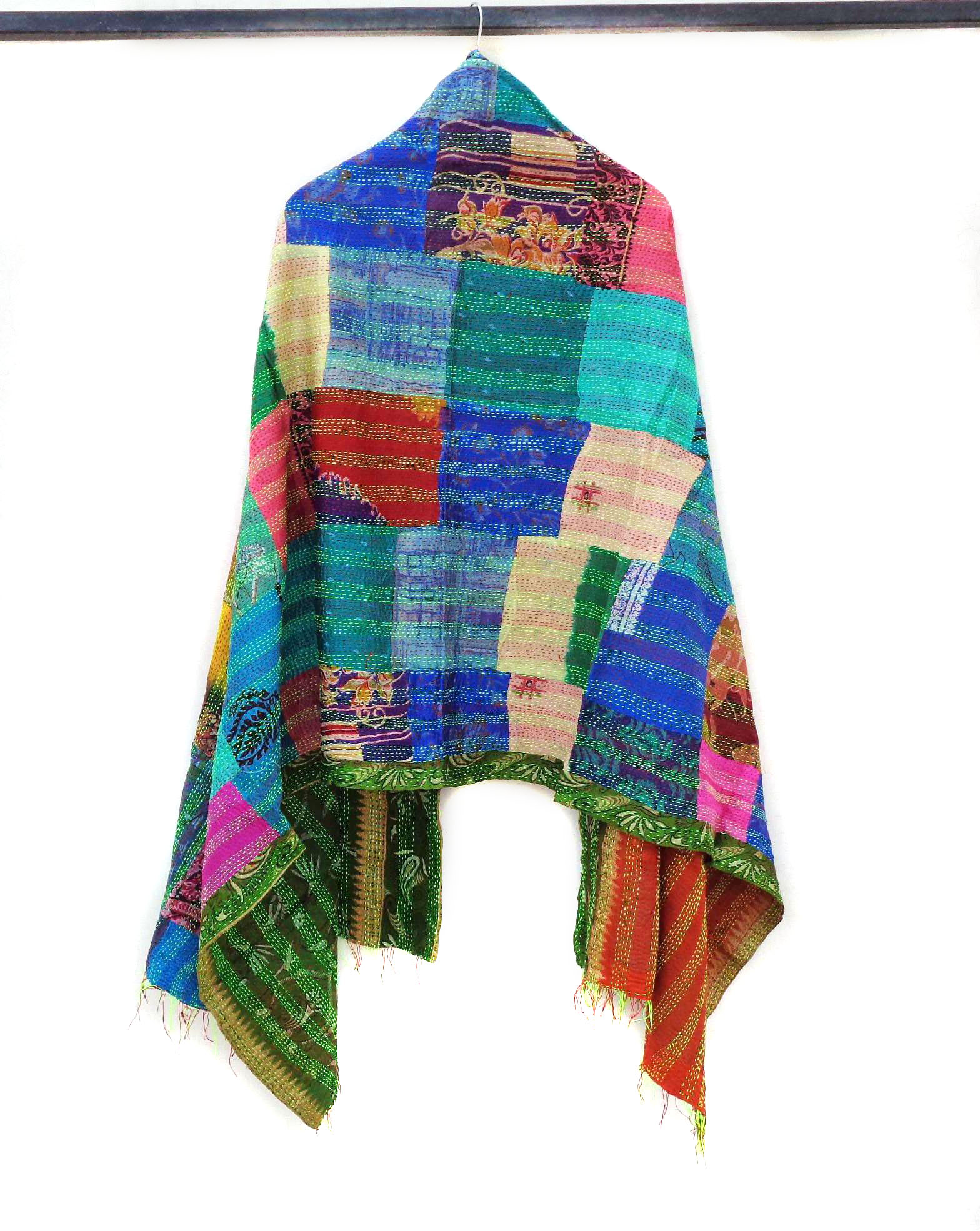 Handmade patch work long Silk Kantha Scarf Neck Wrap Stole veil Hand Quilted Women Shawl Stitched KU94