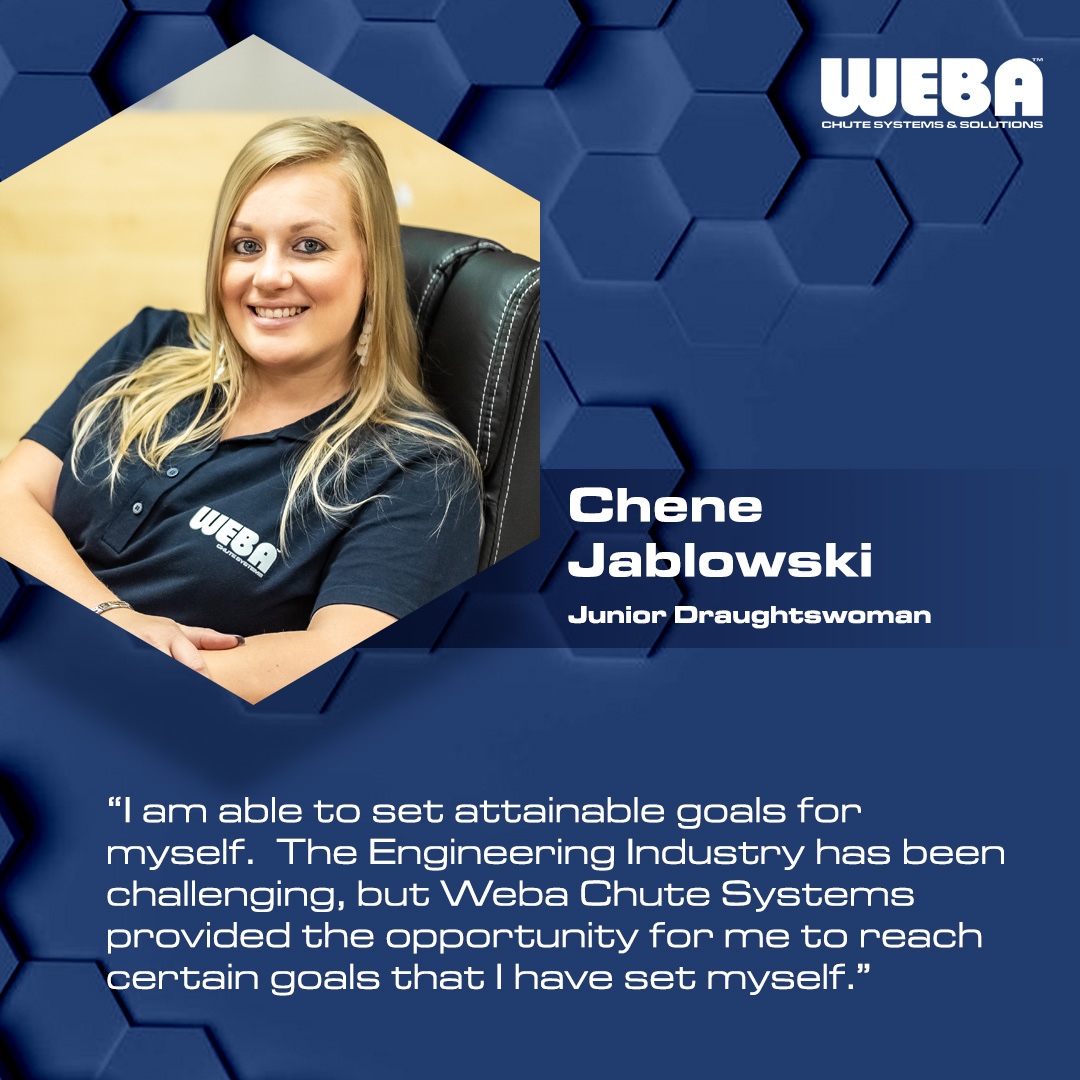 webachutes's tweet photo. Meet Chene Jablowski, Junior Draughtswoman. Chene has been with Weba Chute Systems for the past 10 years. Her responsibilities include detailing and creating fabrication drawings for the custom designed Weba transfer chutes.
#womaninengineering #mining #genderequality https://t.co/HuJieIJIJ2