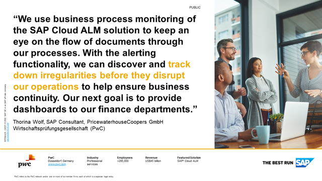 PwC successfully ensures business continuity powered by the business process monitoring and alerting functionality of SAP #CloudALM. Tracking down irregularities promptly to avoid operation disruptions has never been this easy! 🎉 Learn about the solution. bit.ly/3QkO6OL