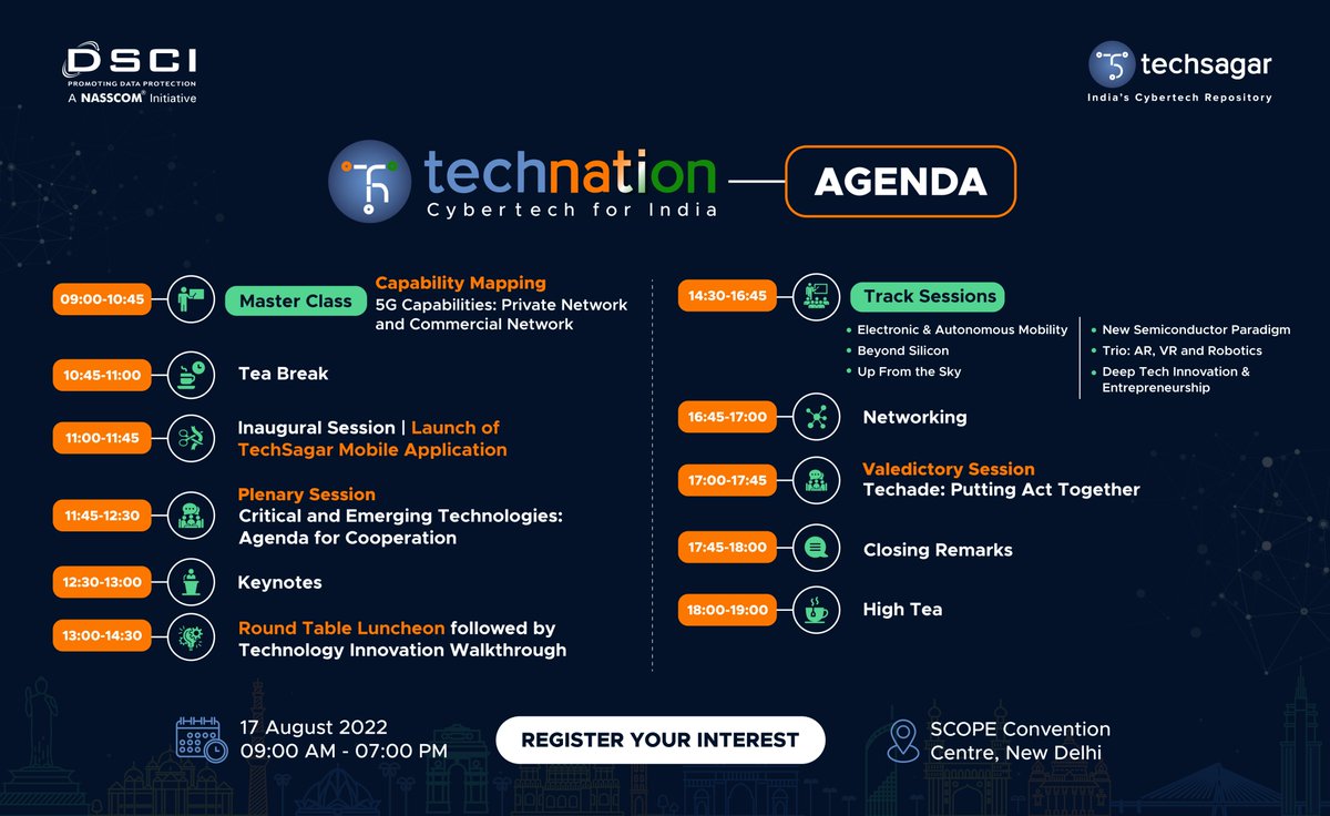 TechSagar_DSCI's tweet image. #TechNation Agenda | Get ready to experience it all at the one-day physical #cybertech event Power packed agenda is planned around the critical tech areas to bring industry experts for deliberations.➡️Register your interest now dsci.in/content/techna…