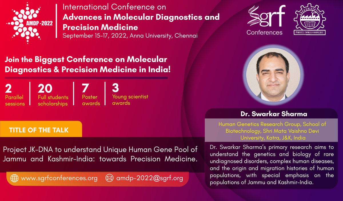 2022Amdp's tweet photo. Save the dates for AMDP 2022 Meeting from 15th-17th Sep, 2022 in Chennai, India and hear from the featured speaker, Dr Swarkar Sharma. Registrations open https://t.co/n7KngxrNzl

#biotechnology #genomics #conference #chennai #annauniversity #india #microbiology #genetics https://t.co/rMEiaumdzl