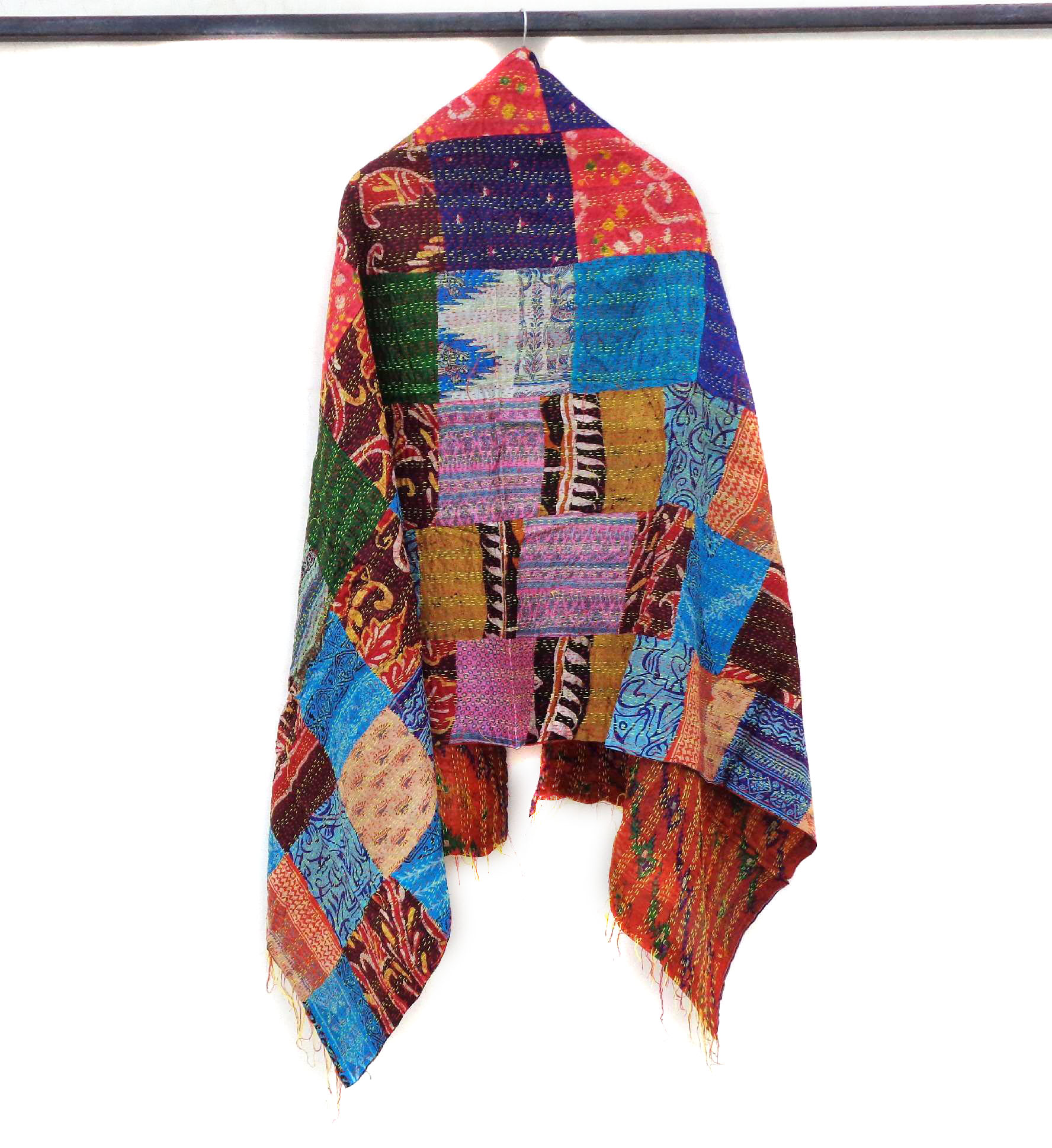 Handmade patchwork long Silk Kantha Scarf Head Wrap Stole Dupatta Stitched Embroidered Scarf Veil Boho KU89