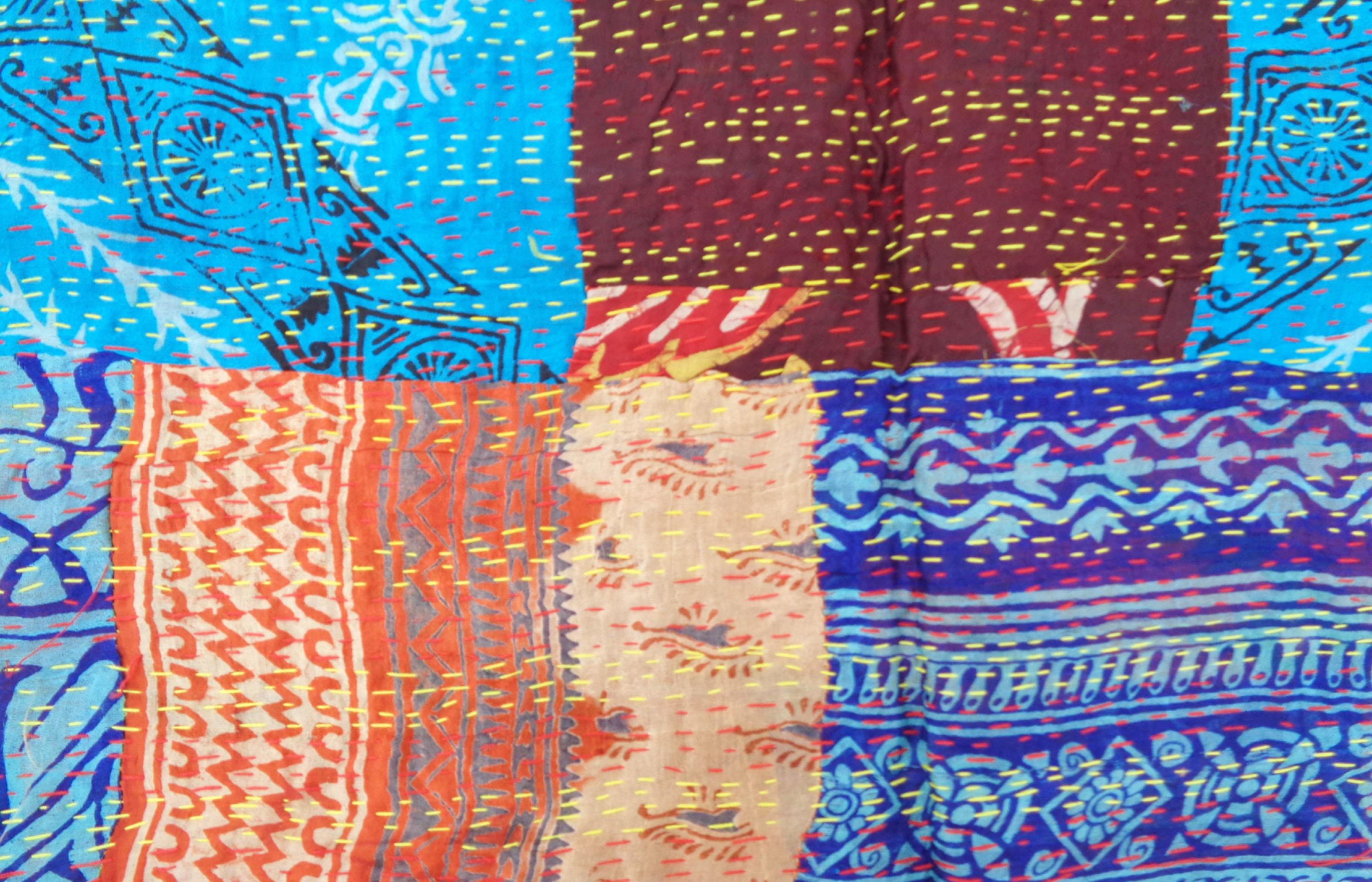Handmade patchwork long Silk Kantha Scarf Head Wrap Stole Dupatta Stitched Embroidered Scarf Veil Boho KU89