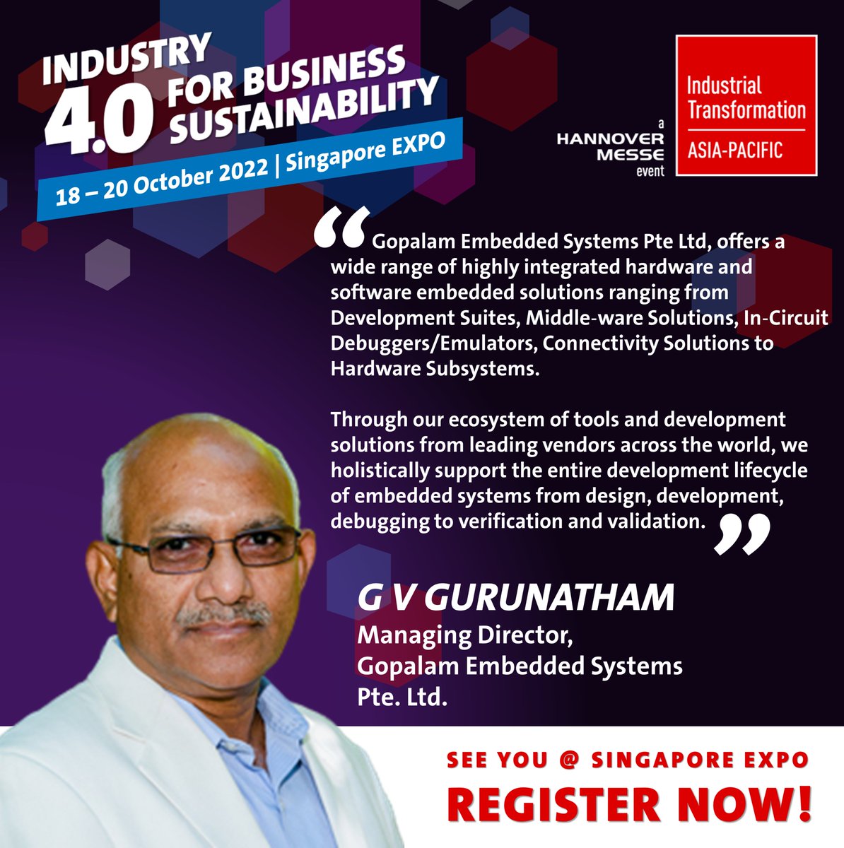 [MEET OUR EXHIBITORS 🤝💼] It is our pleasure to welcome Gopalam Embedded Systems Pte Ltd, who offers a wide range of highly integrated hardware and software embedded solutions, as our exhibitor this year!
.
Meet them @ ITAP 2022, REGISTER NOW: bit.ly/3a3ZsHs
.
#ITAP2022
