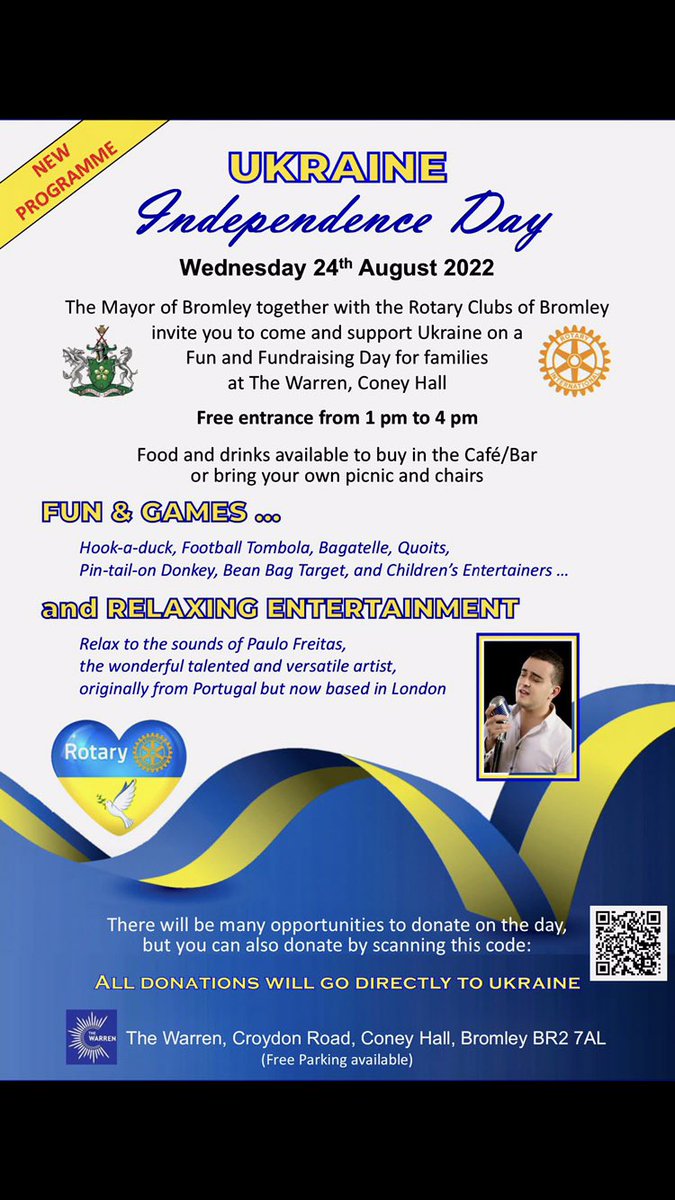 michelle_simps's tweet image. 🇺🇦 Ukraine Independence Day 🇺🇦 Wednesday 24th August 
Please come along &amp;amp; join us for a lovely ‘free’ afternoon of fun &amp;amp; games to celebrate this special day with our wonderful Ukrainian friends 💙💛 at The Warren from 1pm, hosted by the Mayor of Bromley &amp;amp; Bromley Rotary club. 🇺🇦