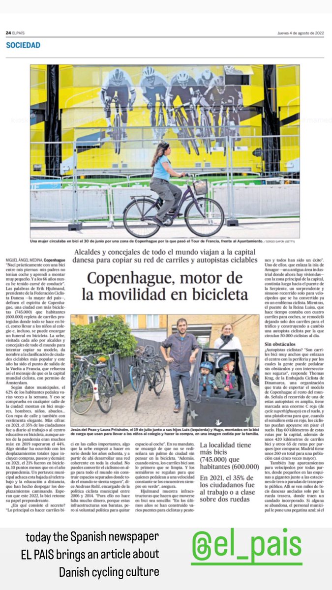 Mortenwulff's tweet photo. Idag bringer den spanske avis El PAIS to sider om dansk cykelkultur. Det er ikke kun Vingegaard vi skal være stolte af men et helt folkefærd som i årtier har brugt, og forsat bruger, vores cykel som det smarteste transportmiddel til glædelig inspiration for resten af verden. 🚲✨ https://t.co/6LuDRgYx2H