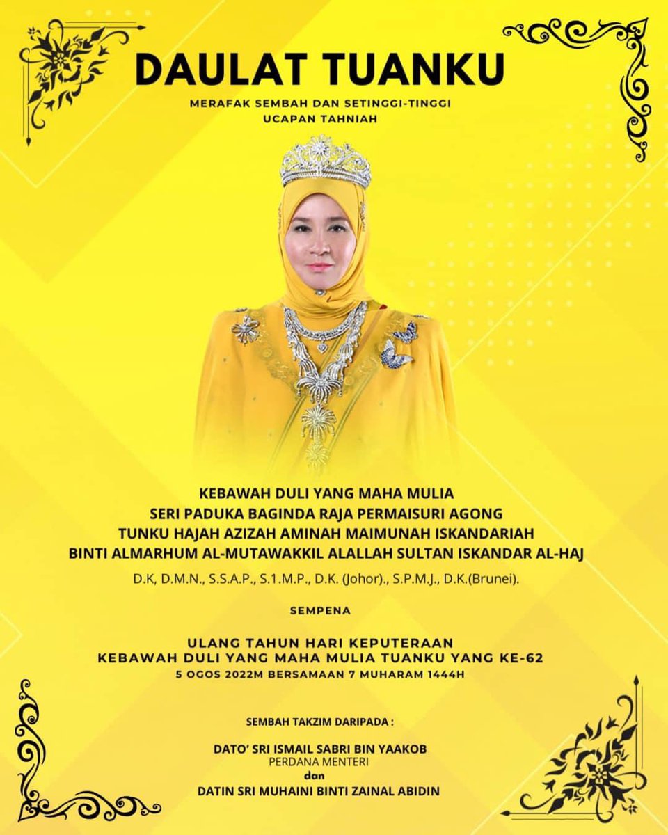 cikmudanis's tweet photo. Dirgahayu Tuanku.

Selamat Ulang Tahun Hari Keputeraan ke-62 Kebawah Duli Yang Maha Mulia Seri Paduka Baginda Raja Permaisuri Agong Tunku Hajah Azizah Aminah Maimunah Iskandariah Binti Almarhum Al-Mutawakkil Alallah Sultan Iskandar Al-Haj. https://t.co/KLxLUQT7QN