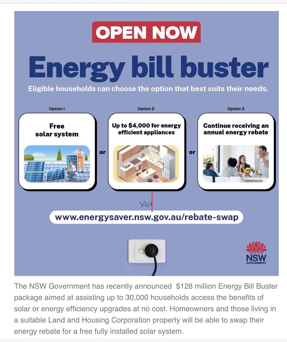 Kate3015's tweet image. NSW Energy Bill Buster Program. 

Nice to see the NSW LNP Govt doing something practical to assist up to 30,000 low income households to mitigate rising energy costs. 

#NSWpol 
#PracticalHelp