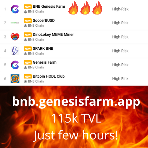 What an insane launch a few hours ago!
Don't miss this! bnb.genesisfarm.app

Up to 2.75% Daily BNB Yield Farm

#YieldFarming #BNB #BSC #Mining #cryptocurrencies