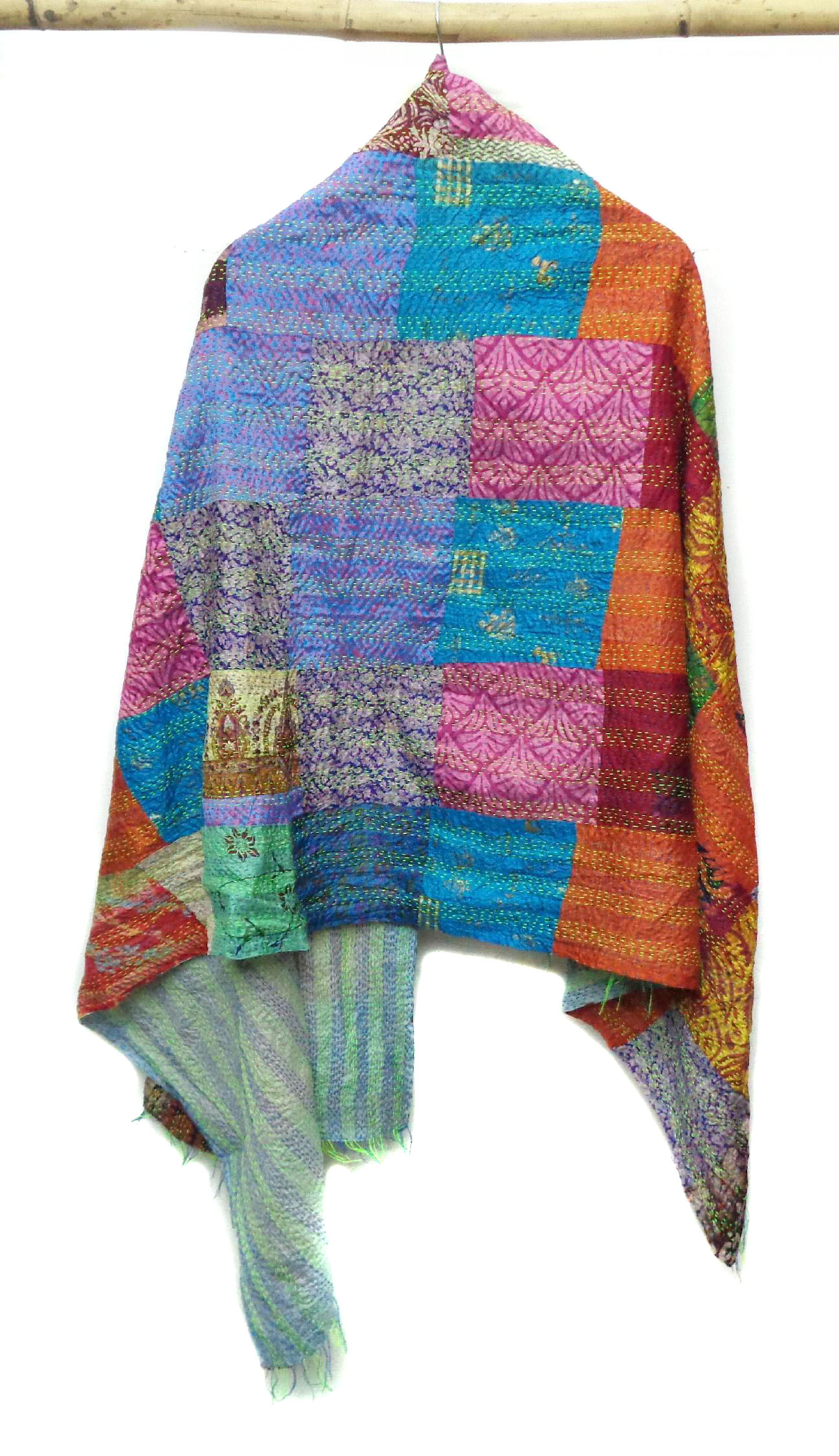 Handmade patchwork long Silk Kantha Scarf Neck Wrap Stole Dupatta Hand Quilted Women Shawl Stitched KU83