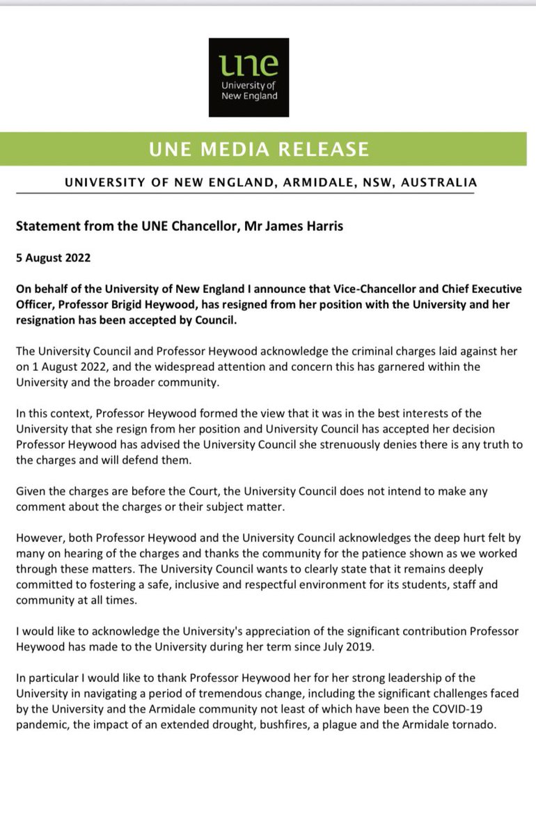 #BREAKING: In its first statement since assault allegations broke earlier this week, The University of New England confirms Brigid Heywood has RESIGNED. Chancellor James Harris says Heywood “strenuously denies” the claims <a href="/nbnnews/">NBN News</a>