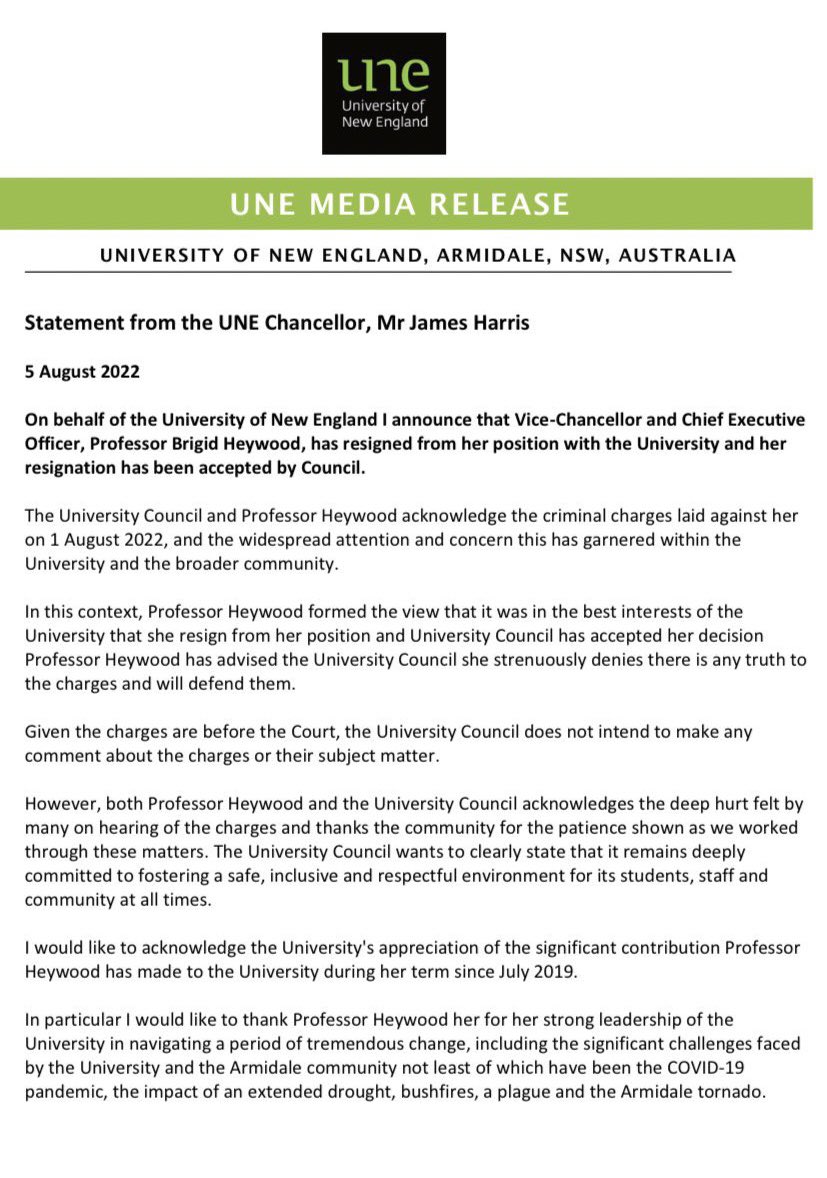 Just in: Univeristy of New England’s vice-chancellor Brigid Heywood has resigned after criminal charges were laid against her earlier this week