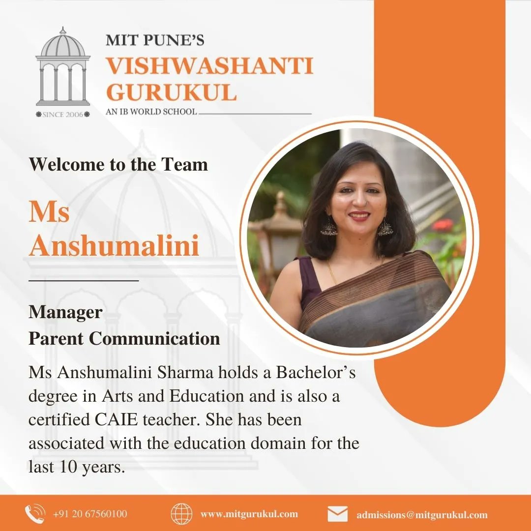 MITGurukulOff's tweet photo. Welcome to MIT Vishwashanti Gurukul - An IB World School

From a former House Mistress to a teacher of Art &amp; Design, Ms Anshumalini has considerable experience in a number of educational institutions across India.
#NewAppointment #CareerDevelopment #NewOpportunities https://t.co/1Y1r4y6V3H