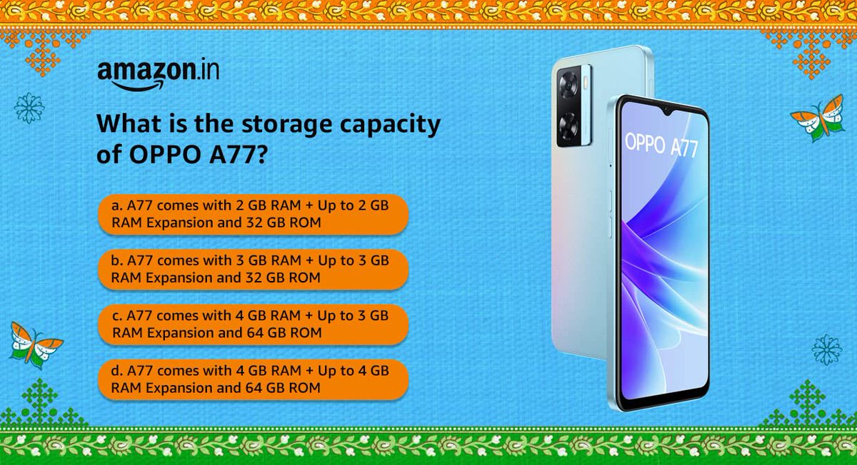 Choose the correct answer and stand a chance to win OPPO A77

#OPPOA77#OPPOIndia

Buy Now - amazon.in/dp/B0B7X8GPPH