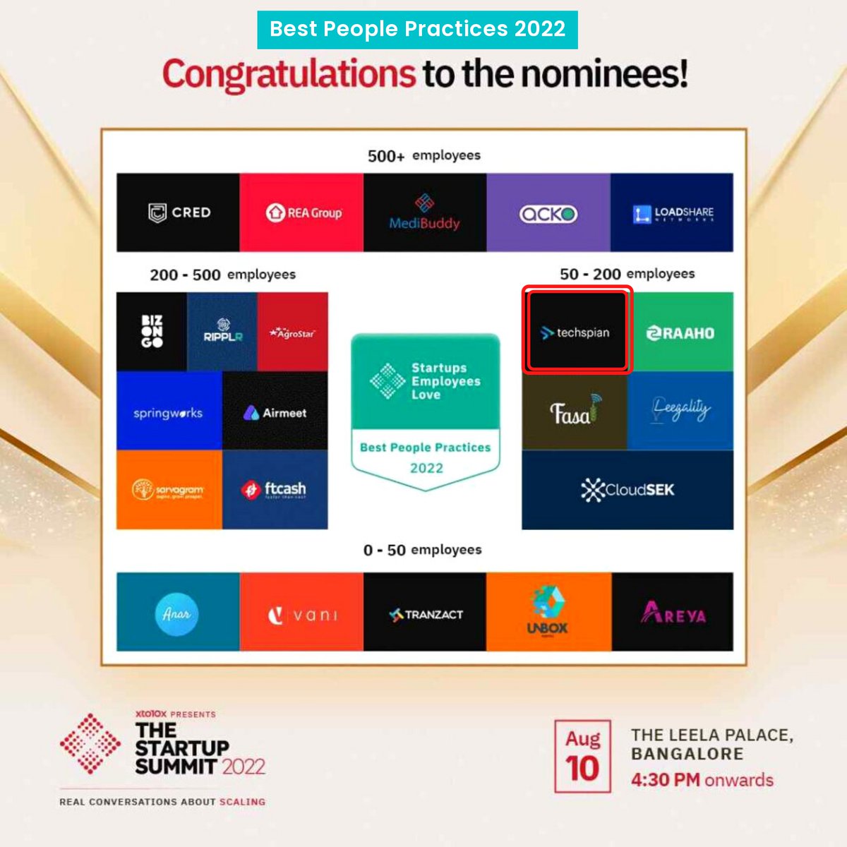 Techspian_'s tweet image. We are proud to be nominated in the &quot;𝐒𝐭𝐚𝐫𝐭𝐮𝐩𝐬 𝐄𝐦𝐩𝐥𝐨𝐲𝐞𝐞𝐬 𝐋𝐨𝐯𝐞&quot; Program!

👉🏻 In categories:

· 𝗣𝗲𝗼𝗽𝗹𝗲 𝗘𝘅𝗰𝗲𝗹𝗹𝗲𝗻𝗰𝗲

· 𝗕𝗲𝘀𝘁 𝗙𝗼𝗿 𝗪𝗼𝗺𝗲𝗻

· 𝗕𝗲𝘀𝘁 𝗣𝗲𝗼𝗽𝗹𝗲 𝗣𝗿𝗮𝗰𝘁𝗶𝗰𝗲𝘀

Kudos to the entire Techspian community &amp;amp; our HR team.