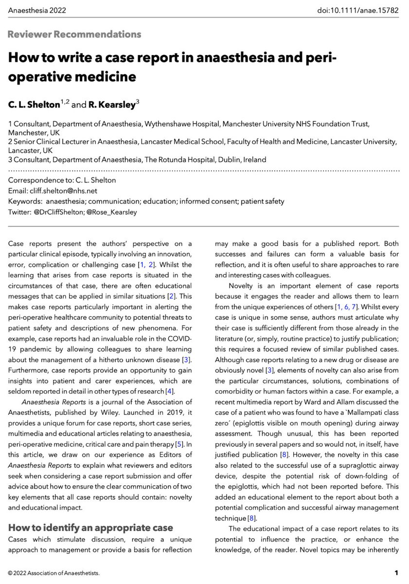 🔐How to write a case report in anaesthesia and peri-operative medicine.

This great new paper from <a href="/Anaes_Reports/">𝘈𝘯𝘢𝘦𝘴𝘵𝘩𝘦𝘴𝘪𝘢 𝘙𝘦𝘱𝘰𝘳𝘵𝘴</a>  editors <a href="/Rose_Kearsley/">Rose Kearsley</a> and @DrCliffShelton is now #FreeForAWeek!

🔗…-publications.onlinelibrary.wiley.com/doi/10.1111/an…
