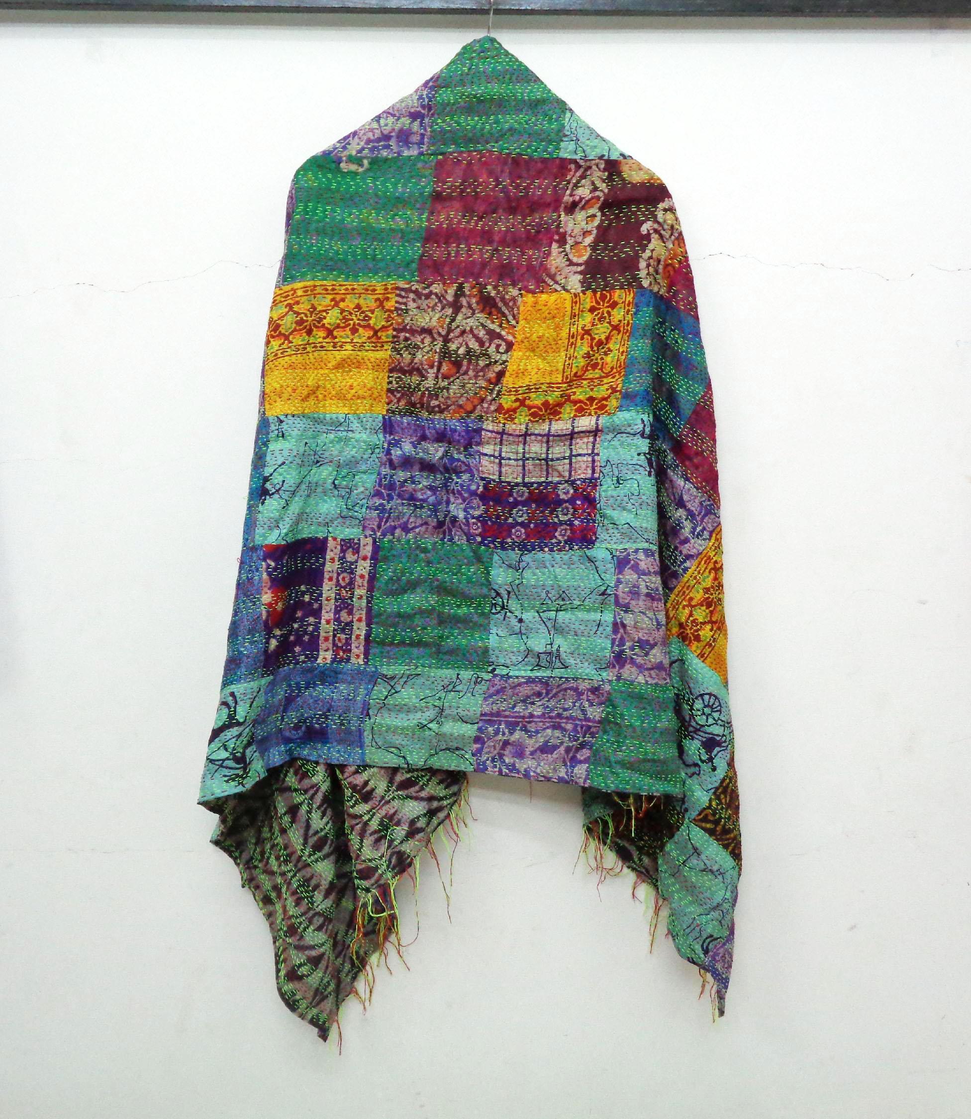 Silk Kantha Scarf Neck Wrap Stole patchwork Hijab Scarves Reversible Sew Long KU54