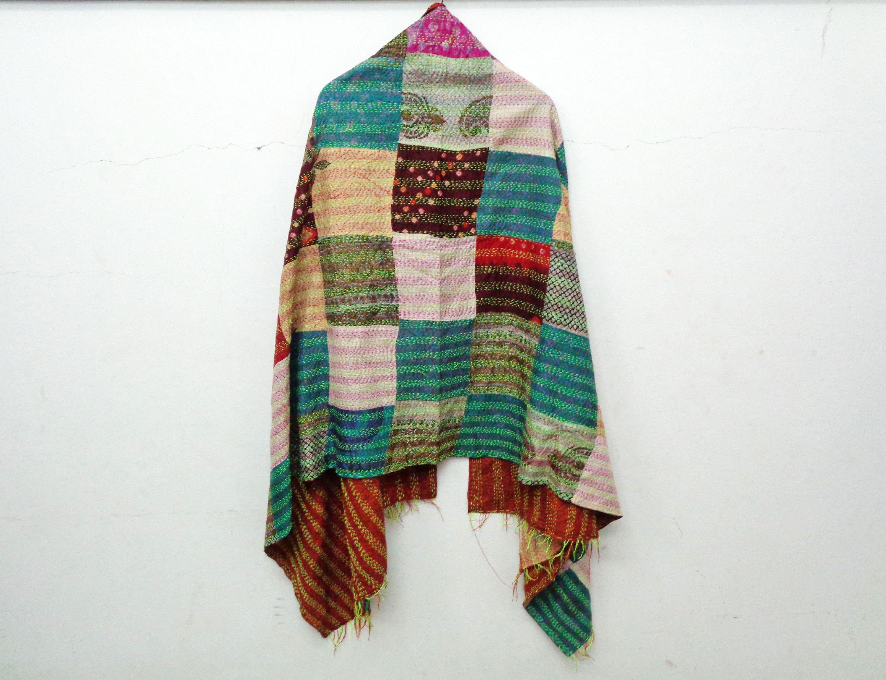 Handmade patchwork long Silk Kantha Scarf Head Wrap Stole Dupatta Hand Quilted Women Gypsy KU53