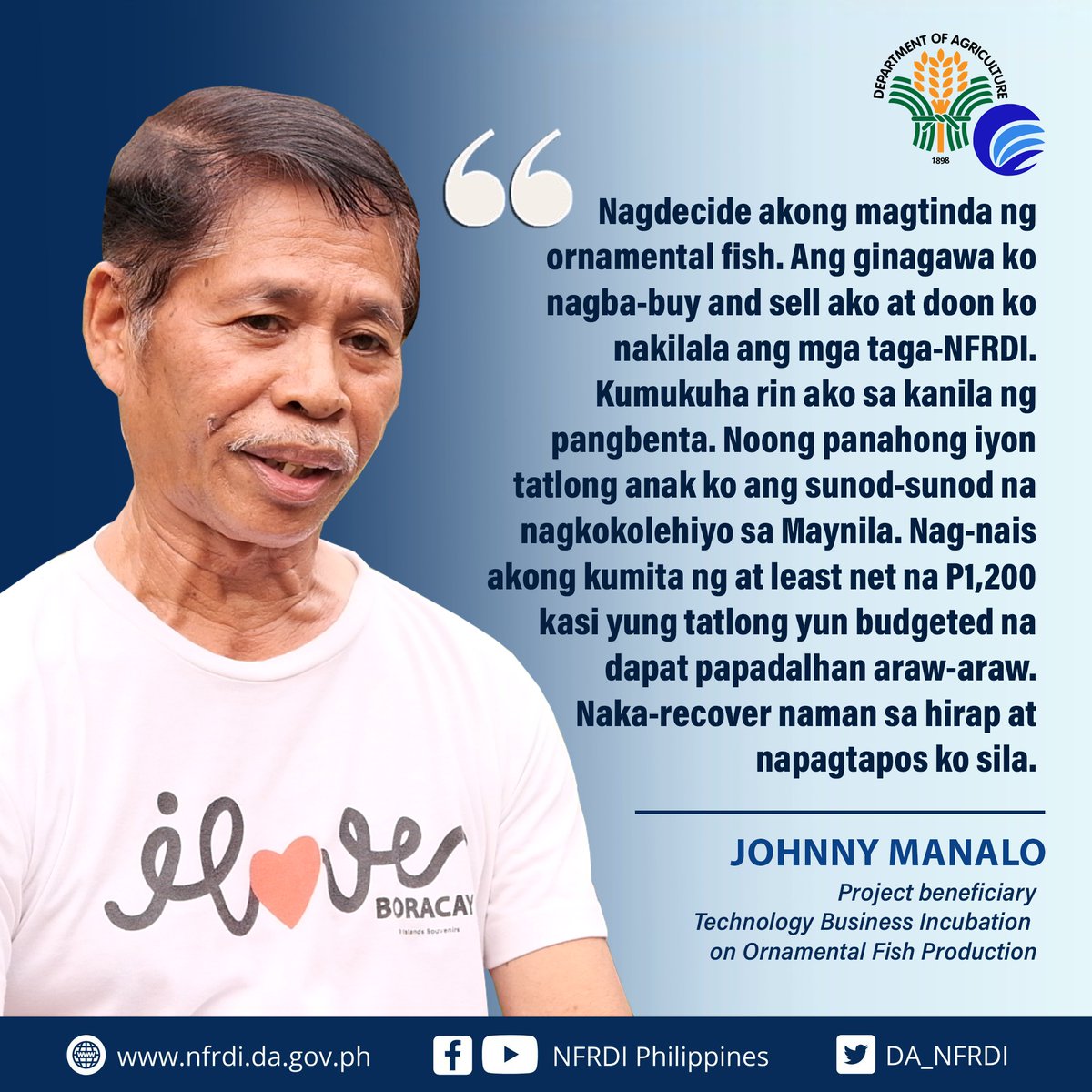 DA_NFRDI's tweet image. Johnny Manalo of San Luis, Batangas narrates how ornamental fish business has helped him put his children through college. 

#NFRDITestimonials
#TBIProgram
#OrnamentalFishProduction
#NFRDIProgram