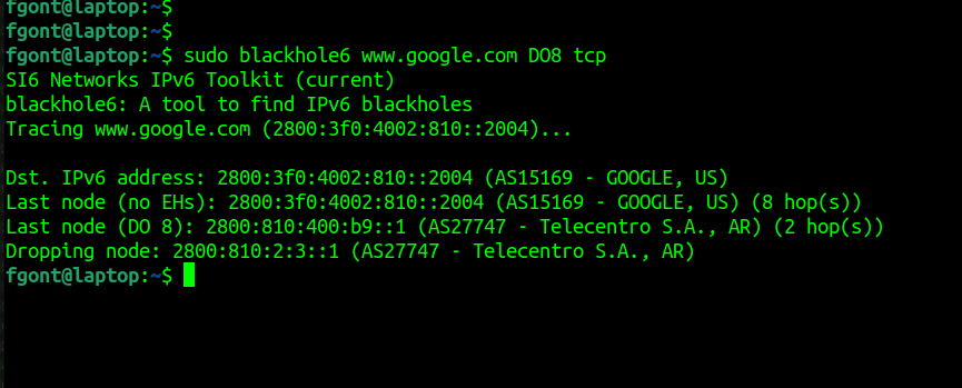 FernandoGont's tweet photo. If you feel like spoting IPv6 blackholes, this toll might be of use: blackhole6 (https://t.co/YUQfgRXOkk) https://t.co/b1ELHjsiDK