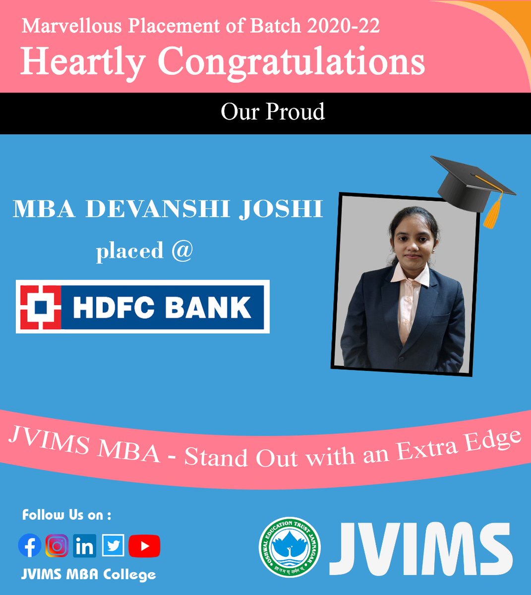jvims_mba's tweet photo. JVIMS is proud 🎉 to share that 3 of our Students from MBA Batch 2020-22 are placed
@ HDFC Bank
@ SKS Business Services
#JVIMS #jvimsmba #mba #gtu #OET #placements #placed #campusplacements #highestpackage #job #hired #recruitment #career #growth #proud #jamnagar #hariacollege https://t.co/jhw90Yu0Dh