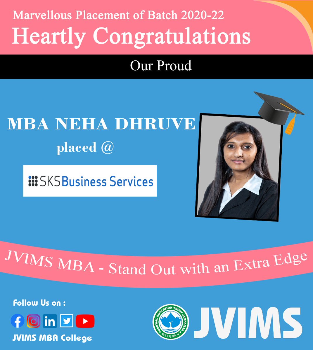 jvims_mba's tweet photo. JVIMS is proud 🎉 to share that 3 of our Students from MBA Batch 2020-22 are placed
@ HDFC Bank
@ SKS Business Services
#JVIMS #jvimsmba #mba #gtu #OET #placements #placed #campusplacements #highestpackage #job #hired #recruitment #career #growth #proud #jamnagar #hariacollege https://t.co/jhw90Yu0Dh