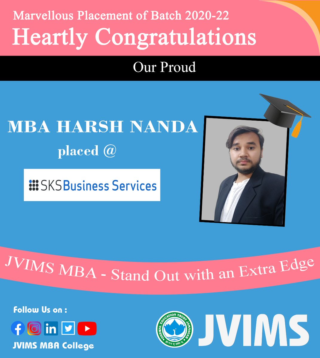 jvims_mba's tweet photo. JVIMS is proud 🎉 to share that 3 of our Students from MBA Batch 2020-22 are placed
@ HDFC Bank
@ SKS Business Services
#JVIMS #jvimsmba #mba #gtu #OET #placements #placed #campusplacements #highestpackage #job #hired #recruitment #career #growth #proud #jamnagar #hariacollege https://t.co/jhw90Yu0Dh