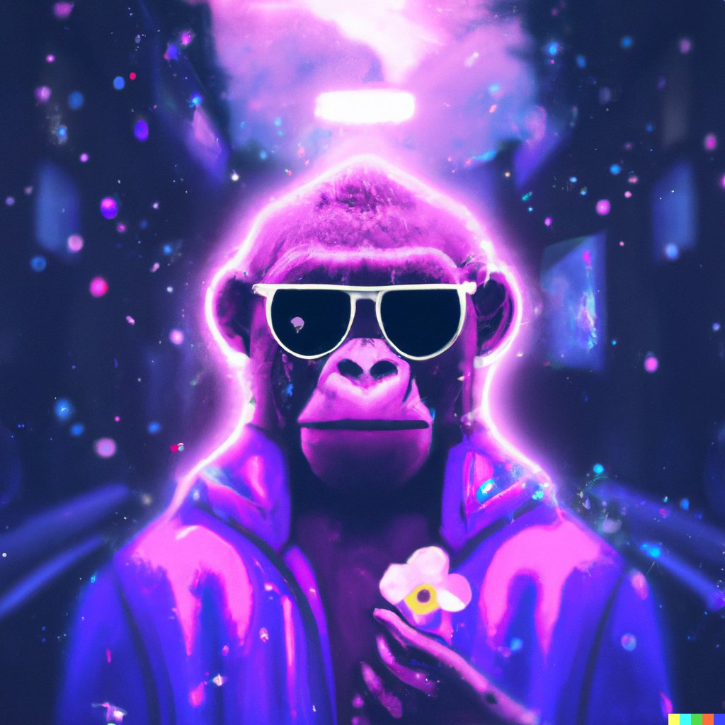 Predmada's tweet image. My #dalle  prompt "A cyberpunk monkey wearing sunglasses in a neon lit street on a dark rainy day holding a flower with a purple light around it"
#monkey #cyperbunk #ai #aigenerated #dalle2 @OpenAI