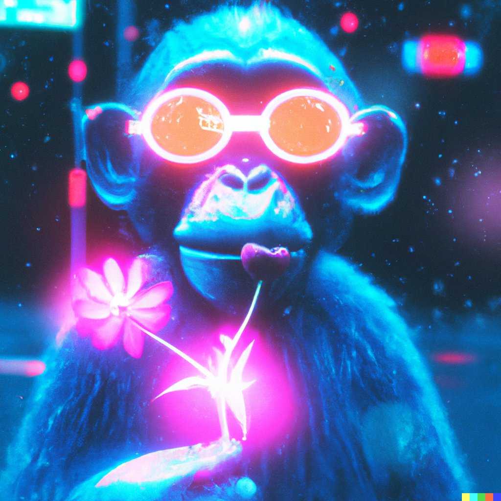 Predmada's tweet image. My #dalle  prompt "A cyberpunk monkey wearing sunglasses in a neon lit street on a dark rainy day holding a flower with a purple light around it"
#monkey #cyperbunk #ai #aigenerated #dalle2 @OpenAI
