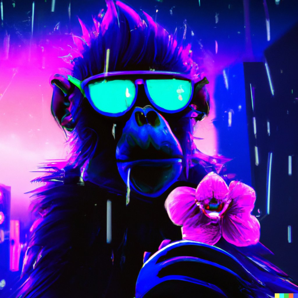 Predmada's tweet image. My #dalle  prompt "A cyberpunk monkey wearing sunglasses in a neon lit street on a dark rainy day holding a flower with a purple light around it"
#monkey #cyperbunk #ai #aigenerated #dalle2 @OpenAI