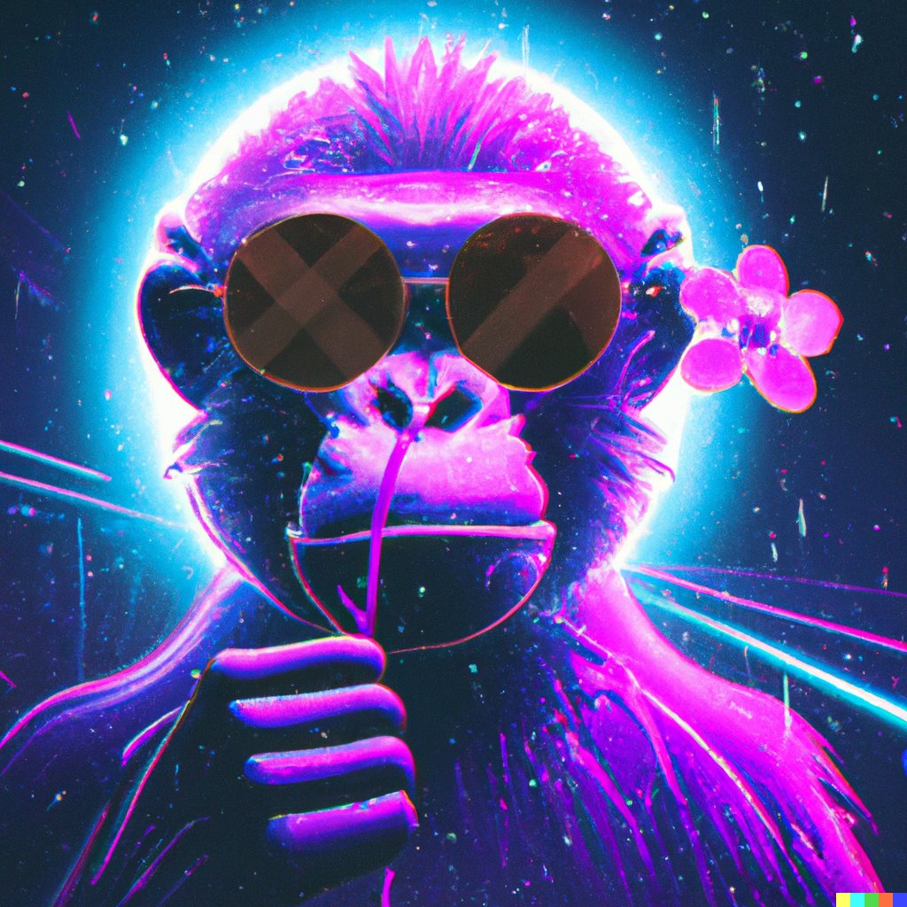 Predmada's tweet image. My #dalle  prompt "A cyberpunk monkey wearing sunglasses in a neon lit street on a dark rainy day holding a flower with a purple light around it"
#monkey #cyperbunk #ai #aigenerated #dalle2 @OpenAI
