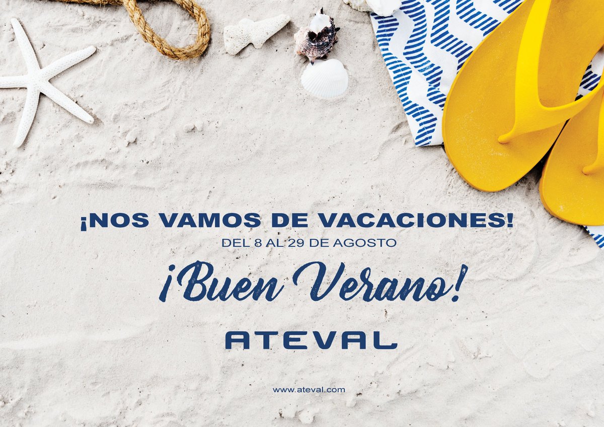 atevaltextil's tweet photo. ¡𝗕𝘂𝗲𝗻𝗮𝘀 𝘃𝗮𝗰𝗮𝗰𝗶𝗼𝗻𝗲𝘀!

Del 8 al 29 de agosto #ATEVAL permanecerá cerrado por vacaciones☀️🌊

Nos volveremos a encontrar el 30 de agosto con las energías renovadas 🔋 para seguir trabajando a vuestro lado y por los intereses del #textil valenciano.

¡Feliz verano! https://t.co/wBYSJojeRM